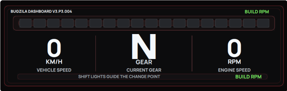Bugzila Dashboard preview showing speed, gear, RPM and shift lights
